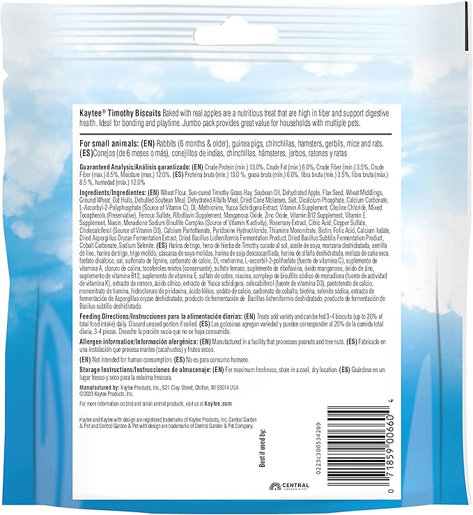 Kaytee Timothy Biscuits Baked Treat with Apple for Rabbits, Guinea Pigs, Chinchillas, Hamsters, Gerbils, and Mice, 10 oz