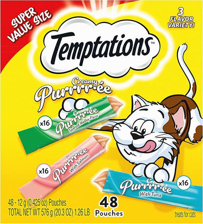 Temptations Creamy Puree Mix-Ups Squeezable Lickable Wet Cat Treats, Tuna Flavor, Salmon Flavor, and Seafood Medley Flavor, 0.42 oz. Tubes, 48 Count