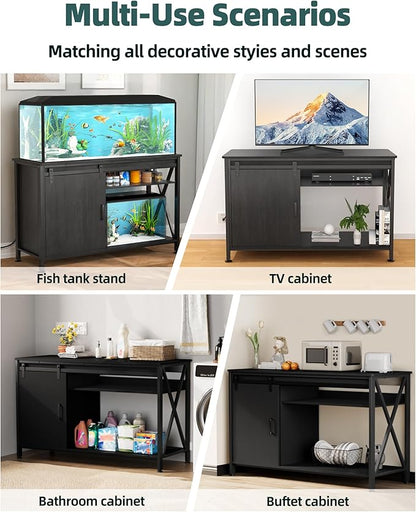 Aquarium Stand for Fish Tank: 55-75 Gallon Fish Tank Stand with Sliding Door - Heavy Duty Metal Aquarium Table with Power Outlet - 2-Tier Breeder Turtle Reptile Terrarium Stand for Home & Office