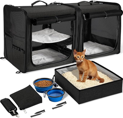 Suertree Cat Carrier for 2 Cats, Pet Travel Carrier with Litter Box for Cats and Small Dogs Up to 45 Lbs, Bowls, and Locking Zippers, Black