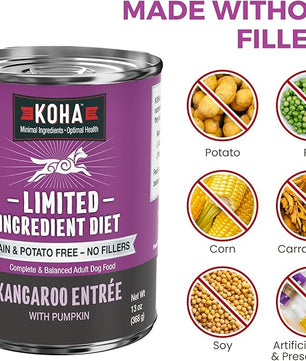 KOHA Limited Ingredient Diet Kangaroo Entrée for Dogs - Grain Free Wet Dog Food with No Fillers - Sesnsitive Stomach Kangaroo Dog Food - 13 oz Pack of 12