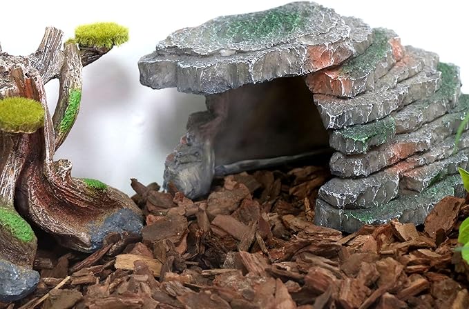 Gecko Hide Shale Scape Step Ledge, Reptile Cave Hideout Tank Accessories Decorations, Great for Reptiles, Amphibians, Leopard Gecko, Lizard, Frogs, Turtle (Small-B-7.3 * 4.4 * 3)