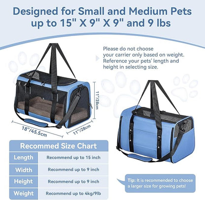 PETSFIT Soft-Sided Cat Carriers & Car Seats with Patent Safe Buckles, Clip-On Harness，18"x11"x11" Airline Approved Pet Carrier - 9 lbs Capacity (Blue)