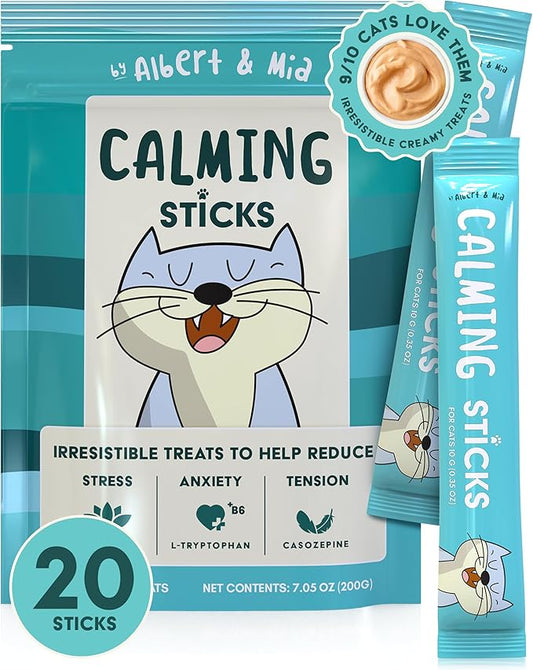 ALBERT & MIA Calming Sticks Lickable Cat Calming Treats - Stress & Cats Anxiety Relief - Irresistible - Vet Cat Calm Supplement Care (Kitten Sleep Aid, Grooming, Car Rides, Travel) 20 Pack