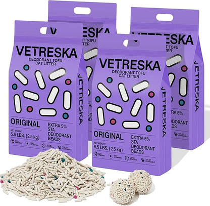 VETRESKA Tofu Cat Litter,Natural Kitty Litter Strong Clumping Flushable Cat Litter Pellets Ultra Absorbent,Odor Control,Dust-Free,Low Tracking Eco-Friendly Tofu Litter,Original(5.5lb×4bags)