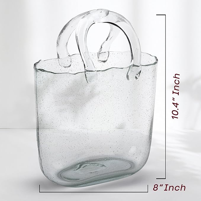 OLEEK Purse vases for Flowers (Handmade) Glass Bag vase -10 Inches- Blue for centerpieces & Fish Bowl - Handbag Unique Flower vase Decorative - Glass Handbag vases for Cute Room Decor