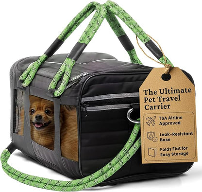 | TSA Airline Approved |Soft Sided Pet Carrier | Cat Carrier | Dog Carrier| Pets Up to 15 lbs | Leash & Luggage Strap | Black with Green Handle
