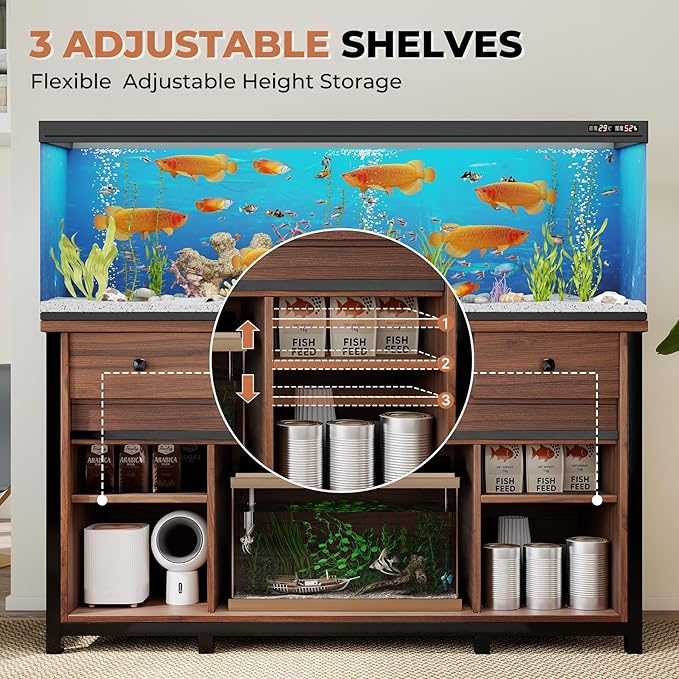 Miereirl 75-120 Gallon Fish Tank Stand with Power Outlet – Heavy Duty Aquarium Stand, Rustic Farmhouse Style, 1000 lb Capacity, Adjustable Storage & Sliding Barn Doors, Light Brown