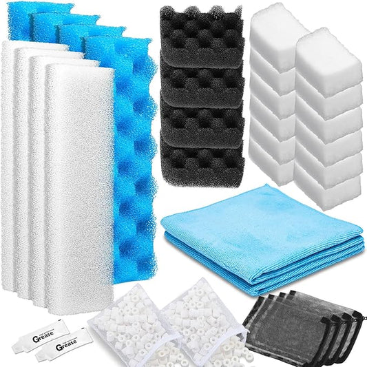 32 Pcs Compatible with Fluval 406/407 Filter Media Canister Filter Maintenance & Replacement Media Kit, Including Mesh Bags Quick Clear/Water Polishing Pads, Silicone Lubricant