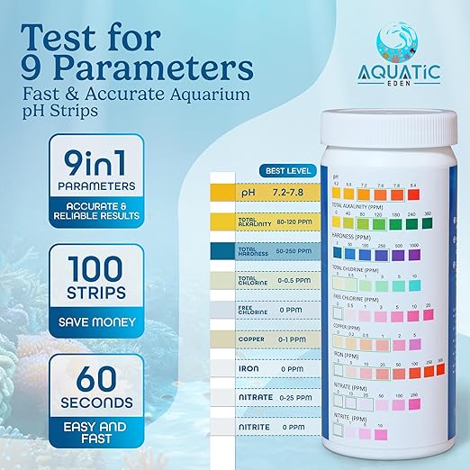 9-in-1 Aquarium Water Test Kit - 100 Freshwater & Saltwater Test Strips | Fish Tank Kit for pH, Nitrate, Nitrite, Hardness, Chlorine, Iron, Copper, Alkalinity, Carbonate | Quick & Reliable Results