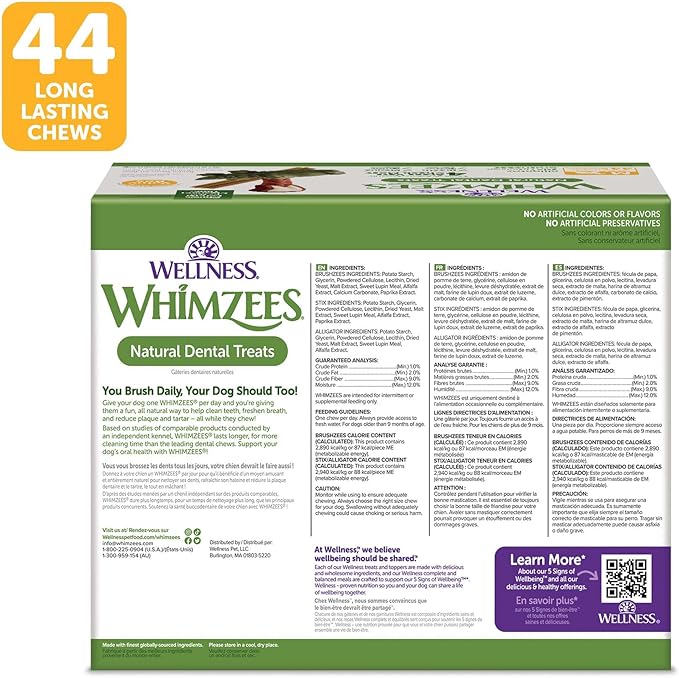 WHIMZEES Wellness Value Box Dog Dental Treats, Natural Chews, Medium Size (44 Count)