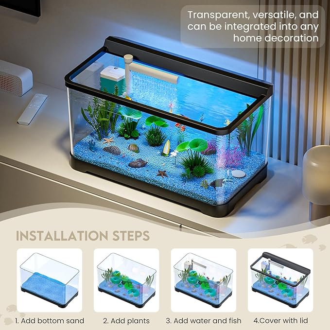 LED Aquarium Fish Tank Kit,（Light + Filter + Green Plants + Blue Sand + Pineapple Houses + Shells） Black, 14 Gallon
