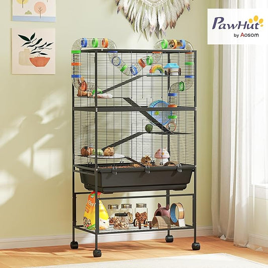 PawHut Large Hamster Cage with Deep Tray, 5 Tier Rolling Rat Cage with Storage Shelf, Big Exercise Wheel, Tube System, Hut, Platforms, Ramps, Food Dish, Water Bottle, for Syrian, Gerbil, Mouse