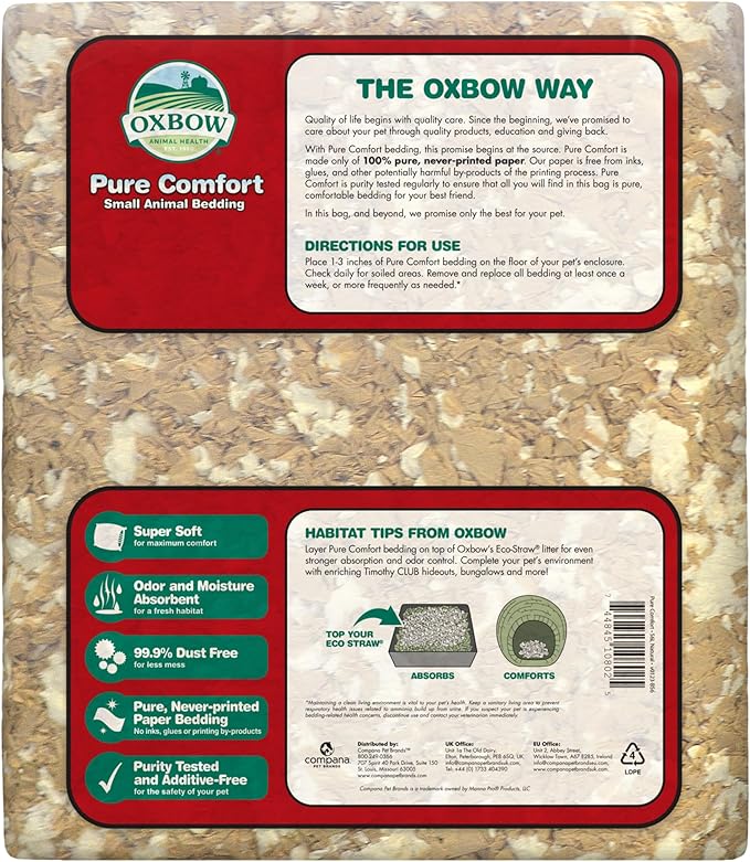 Oxbow Animal Health Pure Comfort Bedding, Rabbit, Hamster, & Guinea Pig Bedding, Bunny Supplies for Litter Box, Pet Safe, Low Dust, Blend, 72 Liter Bag