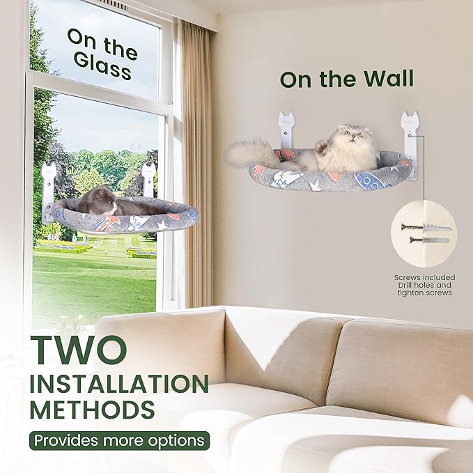 Cat Window Perch, Glow in The Dark Foldable Cat Hammock with Cozy Pad Bed, Breathable Cordless Window Seat with Stud Metal Frame for Large Cats and Kitten (Cushion Perch, Medium)