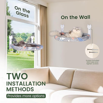 Cat Window Perch, Glow in The Dark Foldable Cat Hammock with Cozy Pad Bed, Breathable Cordless Window Seat with Stud Metal Frame for Large Cats and Kitten (Cushion Perch, Medium)