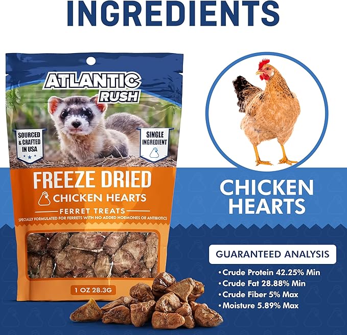 Atlantic Rush Freeze Dried Small Pet Treats - Resealable Bag of Treats for Ferrets - Single Ingredient Ferret Food with No Preservatives Or Fillers- Small Animals Treats (3-1oz, Chicken Heart)