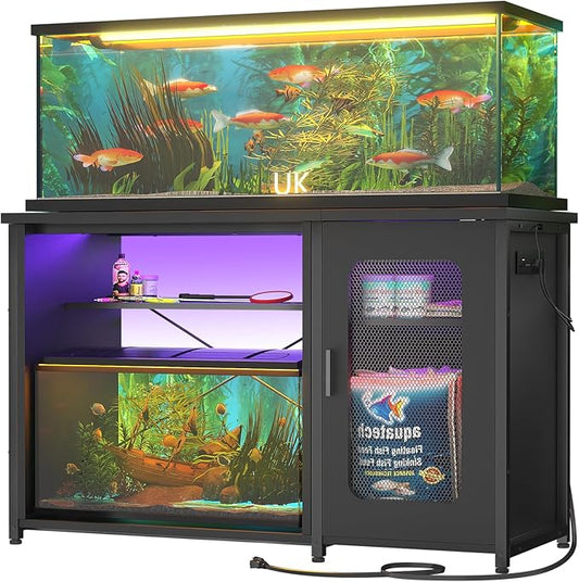 Unikito 55-75 Gallon Aquarium Stand with Power Outlets & LED Light, Reversible Fish Tank Stand with Cabinet for Fish Tank Accessories Storage, Heavy Duty Metal Frame, 880LBS Capacity, Black