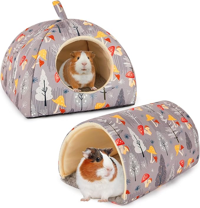 Bienbee Guinea Pig Hideout, Washable Rabbit Bed with Guinea Pig Tunnel, 2 Pack Guinea Pigs Toys Set Bunny Hideout Cage Accessories for Hamster Ferret Rabbits Bunny,Gray Mushroom