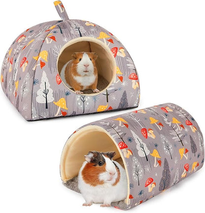 Bienbee Guinea Pig Hideout, Washable Rabbit Bed with Guinea Pig Tunnel, 2 Pack Guinea Pigs Toys Set Bunny Hideout Cage Accessories for Hamster Ferret Rabbits Bunny,Gray Mushroom