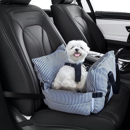 Versatile Dog Booster Car Seat Bed for Small Dogs Puppy Cats Pet Carrier with Side Pockets, Expandable Dog Bed for Auto, Blue Stripes
