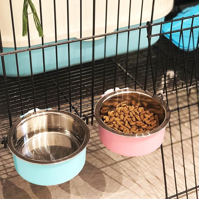 HERCOCCI Dog Crate Bowl, Removable Stainless Steel Pet Kennel Cage Hanging Food Bowls and Water Feeder Coop Cup Prevent Overflow for Puppy, Medium Dog, Cat, Rabbit, Ferret (3PCS)