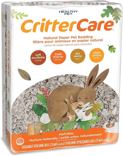 CritterCare Natural Paper Small Pet Animal Bedding - Odor Control, Unscented, 99% Dust Free, Super Absorbent, Natural, 60L, Great for Rabbits, Guinea Pigs, Hamsters, Gerbils, Mice, Rats