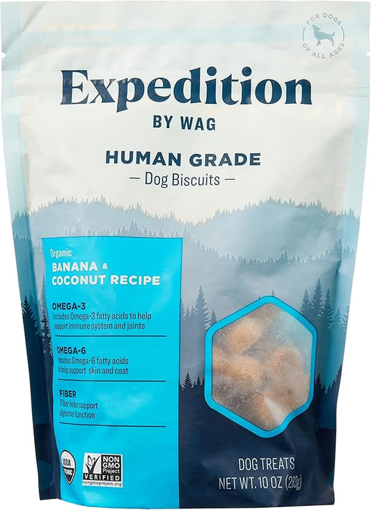 Amazon Brand - Wag Expedition Human Grade Organic Biscuits Dog Treats, Non-GMO, Banana & Coconut, 10oz