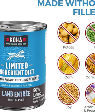 KOHA Limited Ingredient Diet Lamb Entrée for Dogs - Grain Free Wet Dog Food with No Fillers - Canned Dog Food Sensitive Stomach - 13 oz Pack of 12