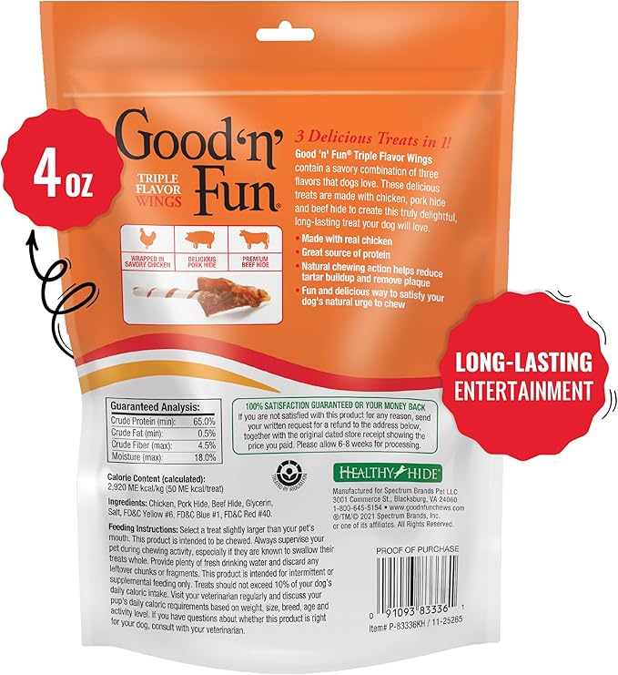Good ‘n’ Fun Triple Flavor Wings Chews for All Dogs, Treat Your Dog to Long-Lasting Chews Made with Chicken, Pork Hide and Beef Hide, , 4 Ounces