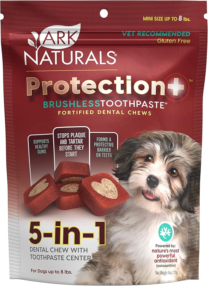 ARK NATURALS Protection Plus Brushless Toothpaste for Mini Breeds, 4 oz Bag, Dog Dental Chew with Toothpaste Center, Prevents Plaque & Tartar, Freshens Breath