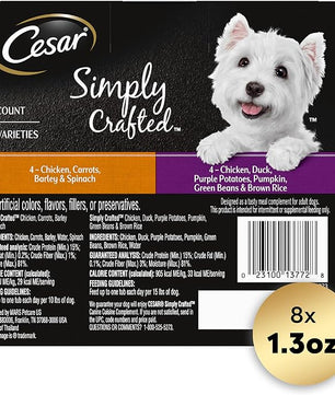 Cesar Simply Crafted Adult Wet Dog Food Meal Topper, Chicken, Duck, Purple Potatoes, Pumpkin, Green Beans & Brown Rice and Chicken, Carrots, Barley & Spinach Multipack, 1.3oz (8 Count, Pack of 1)