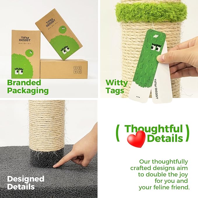 TINYBEAST 34.7" Tall Cat Scratching Post, 3 in 1 Sisal Cat Scratcher, Heavy Duty 4.3" Diameter Cat Tree with Hanging Bell Ball Toy and Reinforced Stable Base for Indoor Adult Cats & Kittens(Grey)