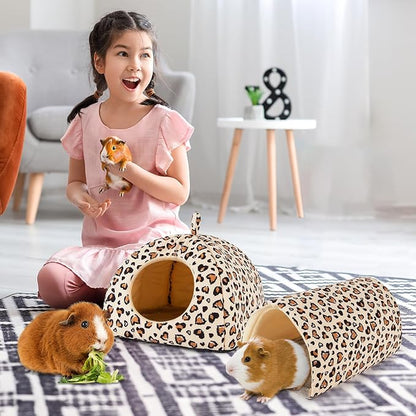 Bienbee Guinea Pig Hideout, Washable Rabbit Bed with Guinea Pig Tunnel, 2 Pack Guinea Pigs Toys Set Bunny Hideout Cage Accessories for Hamster Ferret Rabbits Bunny, Light Khaki Leopard