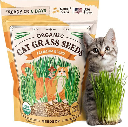 Seedboy Organic Cat Grass Seeds for Planting, Non-GMO Wheat, Oat, Rye, and Barley Pet Grass Seeds for Indoor Cats (8 oz)