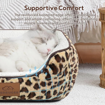 Rectangle Cat Dog Bed for Large Medium Small Pets Indoor Outdoor Machine Washable Sleeping Sofa Non-Slip Bottom Soft Puppy Bed Durable Orthopedic Calming Pet Cuddler (Small, Leopard)