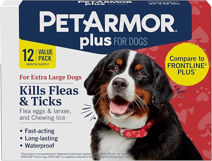 PetArmor Plus Flea and Tick Prevention for Dogs, X-Large Dog Flea and Tick Treatment, 12 Doses, Waterproof Topical, Fast Acting, for X-Large (89-132 lbs)