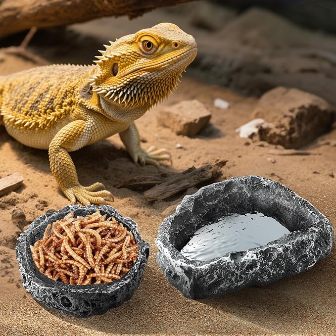 TRUVIC 2 Pack Reptile Feeding Dish Set, Reptile Water Dish Food Bowls for Bearded Dragon Tank Accessories, Resin Terrarium Bowls for Leopard Gecko, Lizard, Chameleon, Hermit Crab, Tortoise, Frog