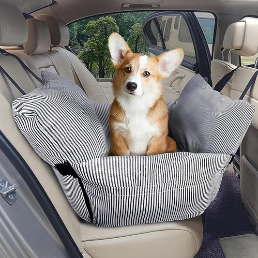 Dog Car Seat for Medium Dogs Under 60 lbs Pet，2 in 1 Booster Seats Dog Bed for Car and Home Safety Travel Carrier with 2 Pockets, Blau Stripes