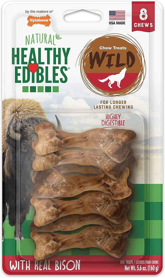 Nylabone Healthy Edibles WILD Natural Dog Chew Treats for Small Dogs, Long Lasting Dog Healthy Chew Bones Made in USA, Bison Flavor, For Dogs Up to 25 lbs. (8 Count)