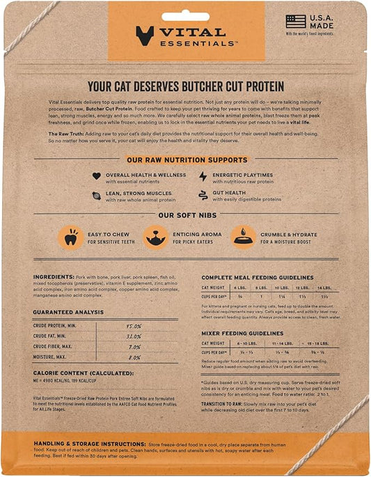 Vital Essentials Freeze-Dried Raw Pork Meal or Mixer Cat Food Soft Nibs | 99% Pork, Organs & Bone | 12 oz