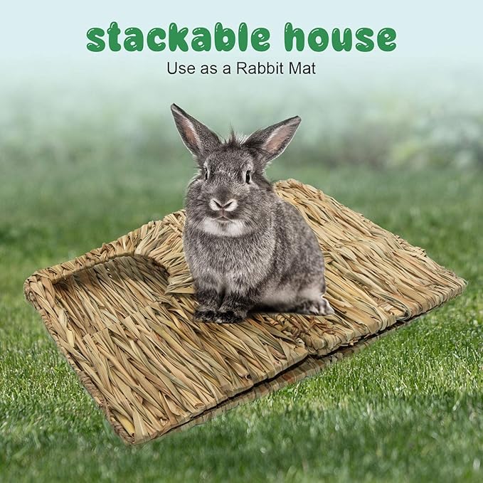 BWOGUE Extra Large Grass House for Rabbits,Hand Crafted Natural Grass Hideaway Foldable Bed Hut with Openings Playhouse for Bunny Guinea Pig Chinchilla Ferret for Play and Sleep(2 Pack)