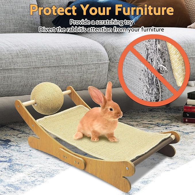 Fhiny Rabbit Scratch Toy, Natural Sisal Bunny Scratching Ball with Sisal Pad Scratcher Bed Hammock Bunny Claw Interactive Toys Mini Beach Chair Nail Scratching Post Mat Lounge for Indoor Kitten Ferret
