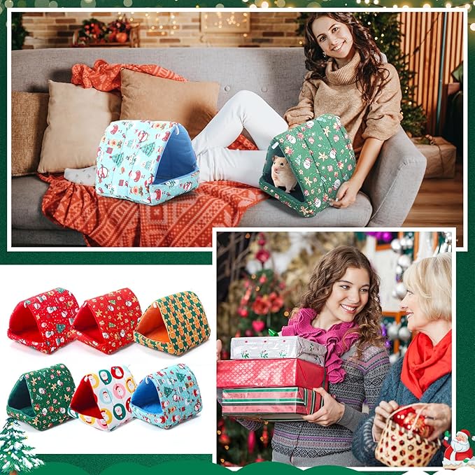 Ripeng 6 Pcs Guinea Pig Hideout Guinea Pig Bed House Rabbit Tunnel Washable Small House Cage Accessories for Hedgehog Mouse Chinchillas Hamster Ferrets Bearded Rats(7.9 Inch Christmas Elements)