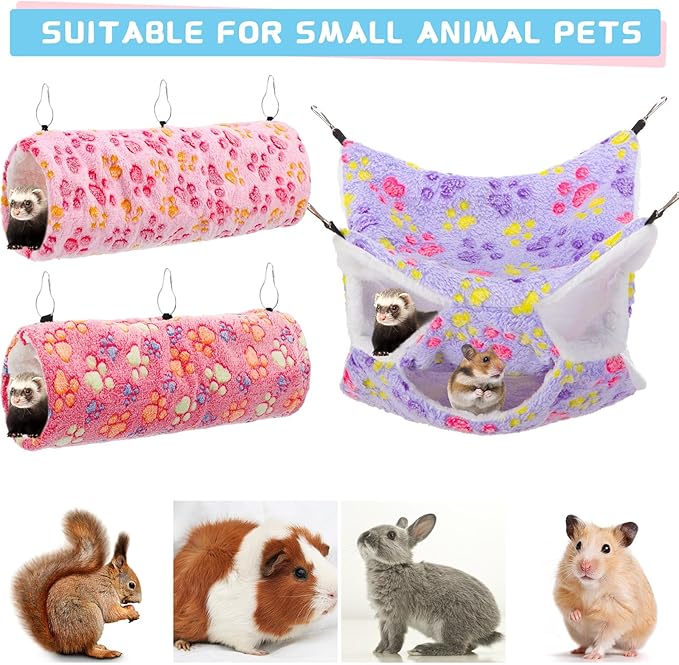 Abbylike 9 Pieces Rat Hammock 3 Tier Guinea Pig Ferret Hammocks Small Pet Hanging Tunnel Glider Toy Guinea Pig Ferret Hideout Bed Cage Accessories for Hamster(Purple, Pink, Rose Red,Paw)