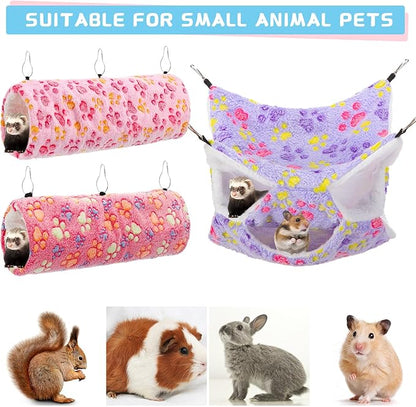 Abbylike 9 Pieces Rat Hammock 3 Tier Guinea Pig Ferret Hammocks Small Pet Hanging Tunnel Glider Toy Guinea Pig Ferret Hideout Bed Cage Accessories for Hamster(Purple, Pink, Rose Red,Paw)