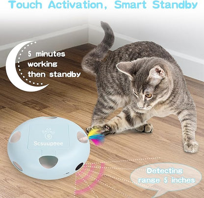 IInteractive Cat Toy, Electric Cat Toys for Moving Concealed Feathers, Smart Sensor 7 Holes Whack a Mole Feather Toy, USB Charge Automatic Kitten Toys,Blue