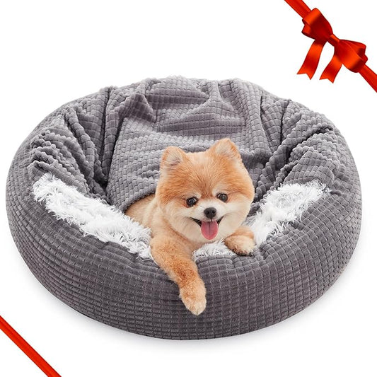 MIXJOY Small Dog Bed Cat Bed with Blanket Attached, Round Hooded Cozy Dog Cave Beds for Small Dogs, Soft Plush Cuddler Puppy Pet Bed, Anti-Slip Bottom, 23inch