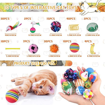 Shappy 150 Pcs Cat Toys Bulk Kitten Toys Pack Variety Funny Interactive Gift Including Mice Rainbow Balls Spring Crinkle Balls for Indoor Cat Kitty Kitten(Novel)