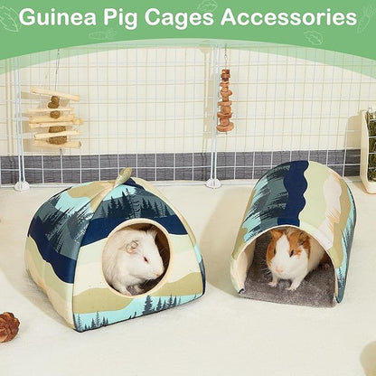 Bienbee Guinea Pig Hideout, Washable Rabbit Bed with Guinea Pig Tunnel, 2 Pack Guinea Pigs Toys Set Bunny Hideout Cage Accessories for Hamster Ferret Rabbits Bunny,Blue-Green Moutains